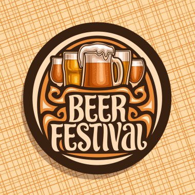 Çek pilsner ve zanaat Alman bira, kelime bira festivali için orijinal fırça yazı, vintage coaster Bavyera bar için bir fincan koyu yuvarlak işareti ile bardak bardak bira festivali için vektör logo, taslak.