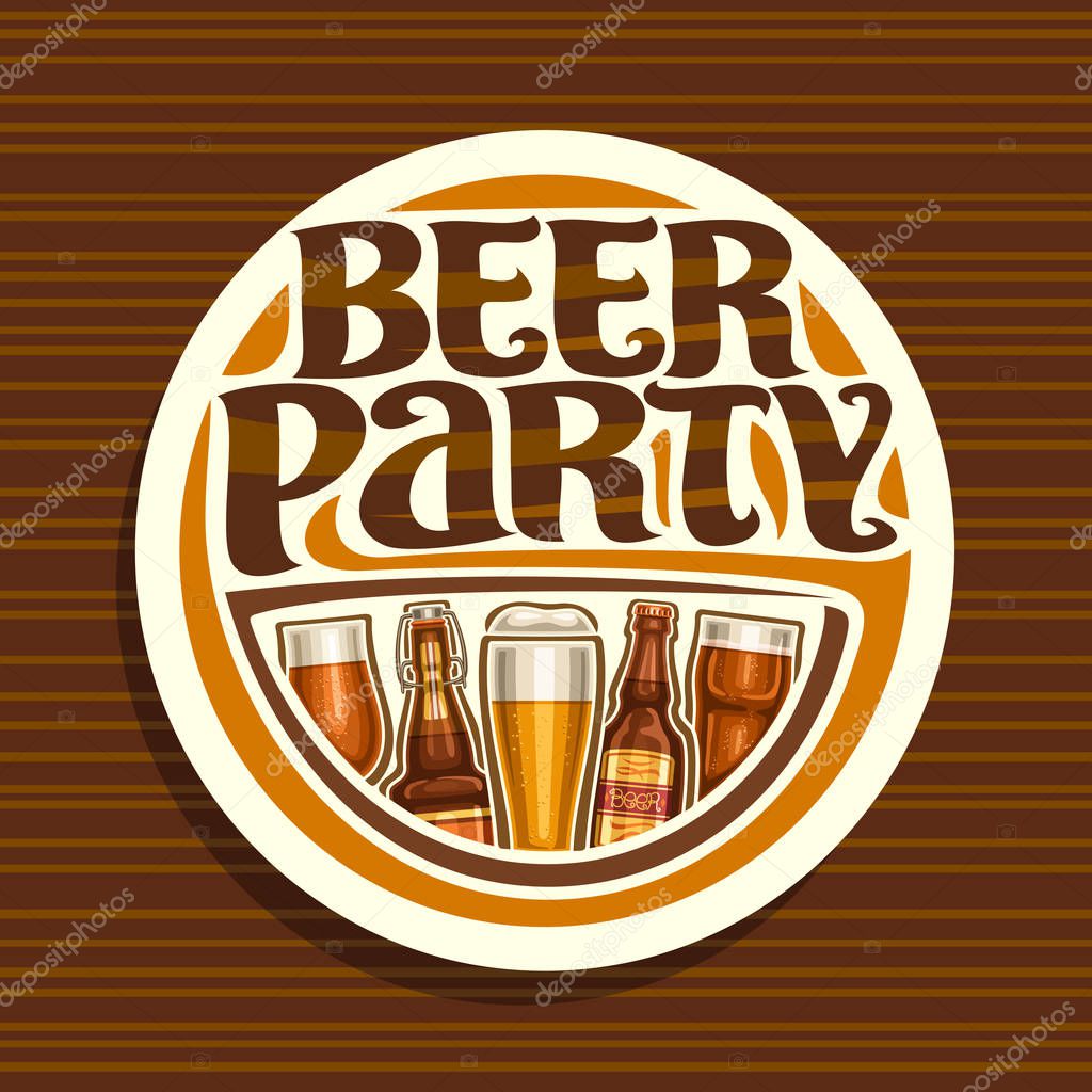 Vector logo for Beer Party, white round sign with pint glasses of draft czech pilsner and bottles of craft german lager, original brush typeface for words beer party, vintage coaster for bavarian bar.