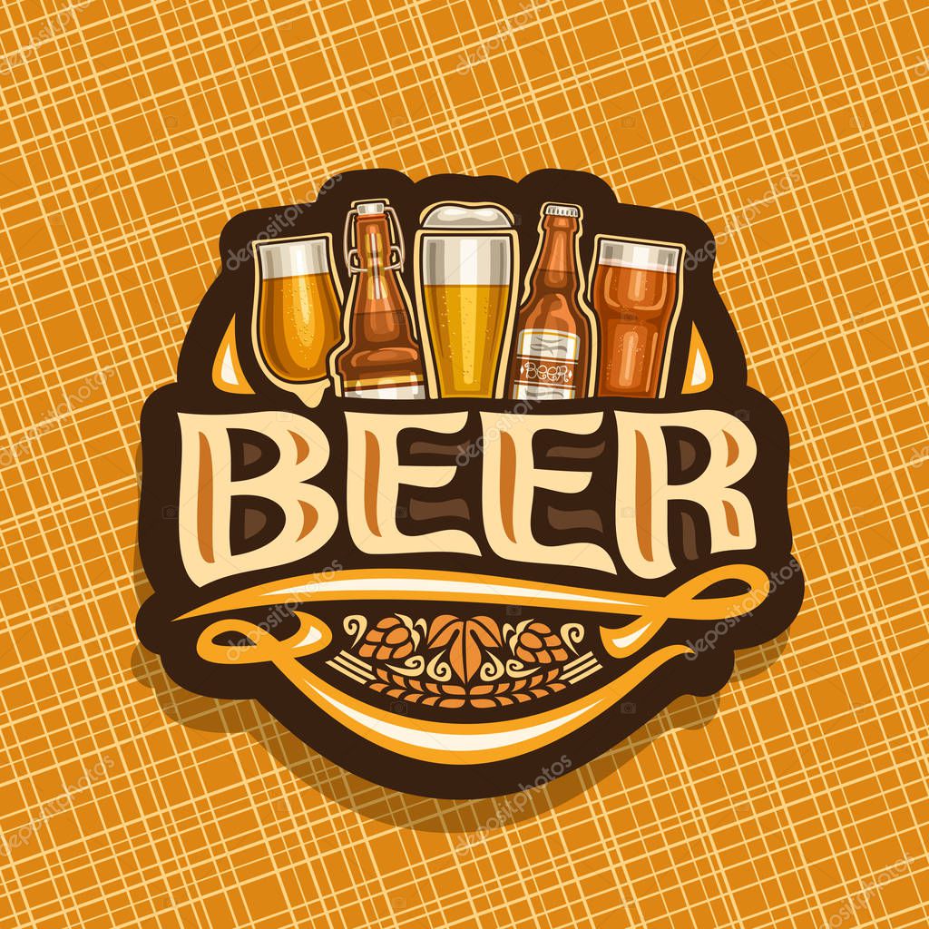 Vector logo for Beer, dark sign with pint glasses of draft czech pilsner and bottles of craft german lager, original typeface for word beer, vintage coaster for bavarian bar with barley spikelets.