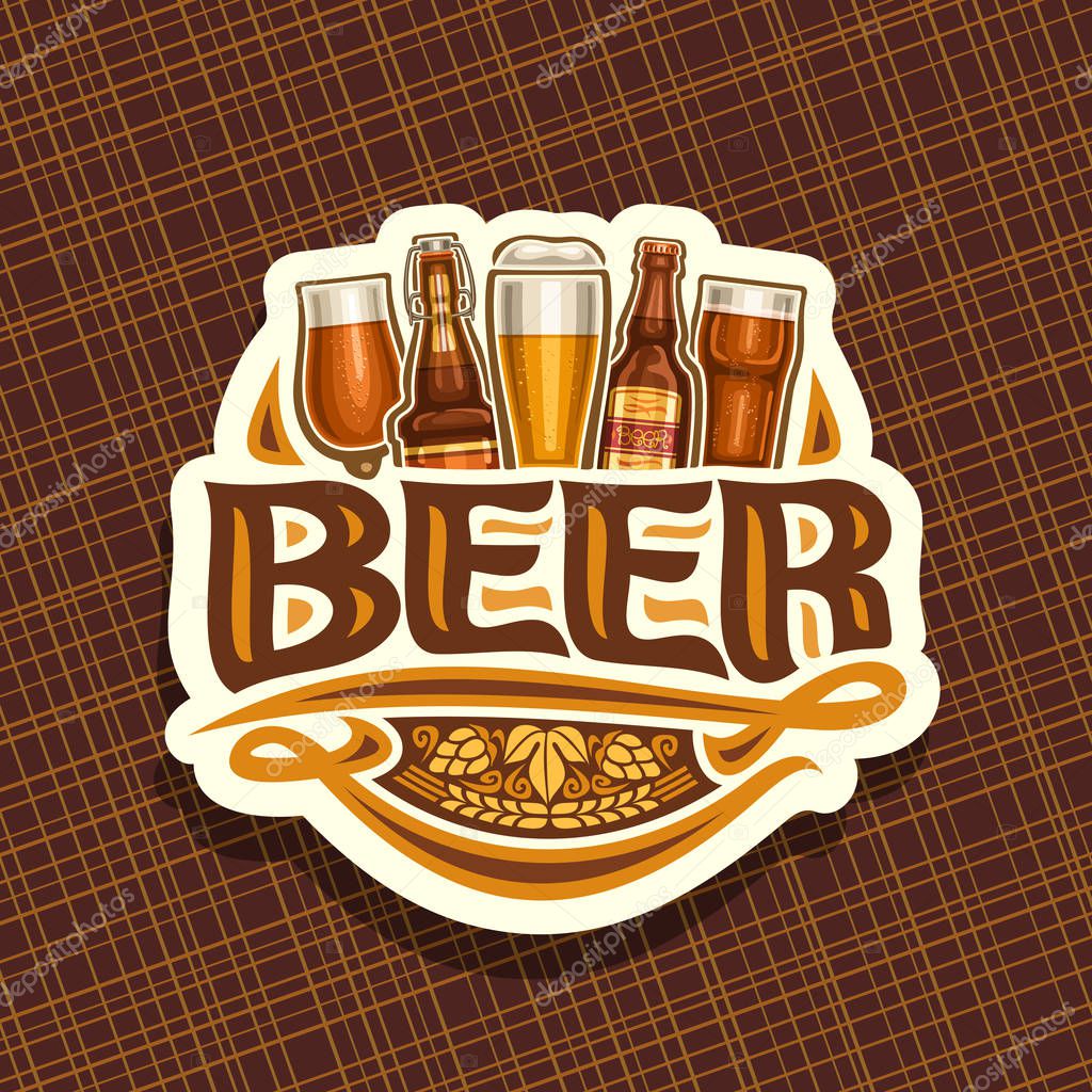 Vector logo for Beer, white sign with pint glasses of draft czech pilsner and bottles of craft german lager, original typeface for word beer, vintage coaster for bavarian bar with barley spikelets.
