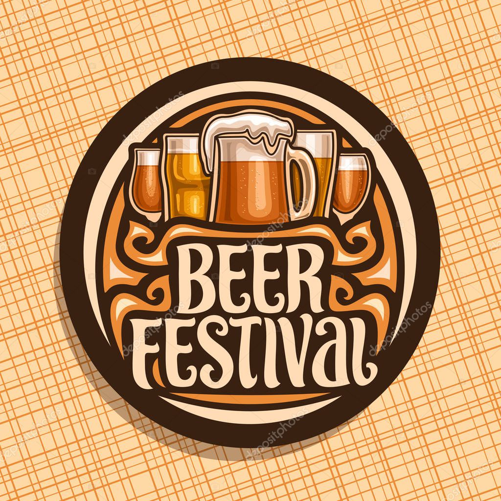 Vector logo for Beer Festival, dark round sign with pint glass of draft czech pilsner and mug of craft german lager, original brush typeface for words beer festival, vintage coaster for bavarian bar.