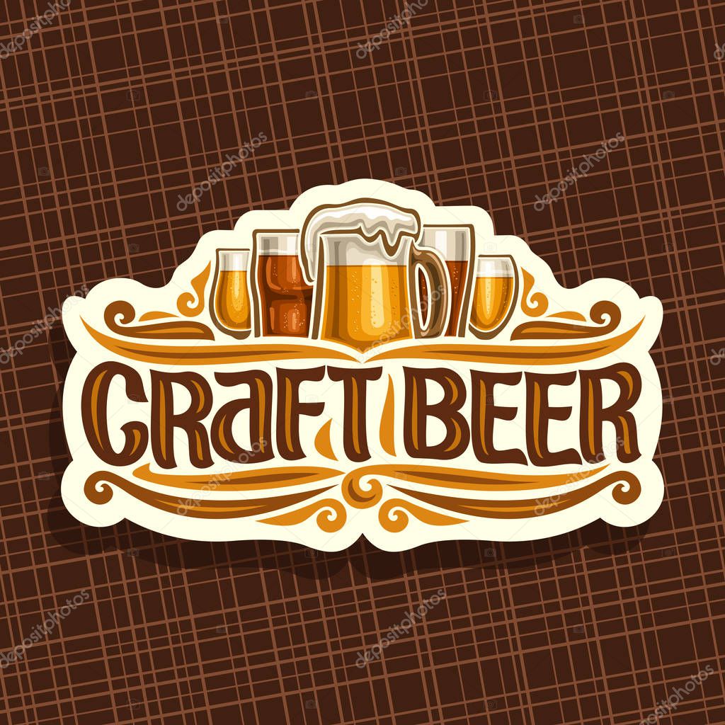 Vector logo for Craft Beer, white signage with pint glasses of draft czech pilsner and mug of craft german lager, original brush typeface for words craft beer, vintage signboard for bavarian bar.
