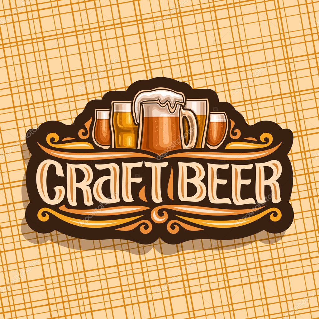 Vector logo for Craft Beer, dark signage with pint glasses of draft czech pilsner and mug of craft german lager, original brush typeface for words craft beer, vintage signboard for bavarian bar.