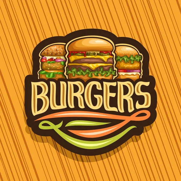 ハンバーガー チーズバーガー 新鮮な Veggieburger チキン カツレツ 単語ハンバーガーのオリジナル書体 イラスト アメリカのファーストフードのレストランのハンバーグと暗い記号のベクトルのロゴ — ストックベクタ