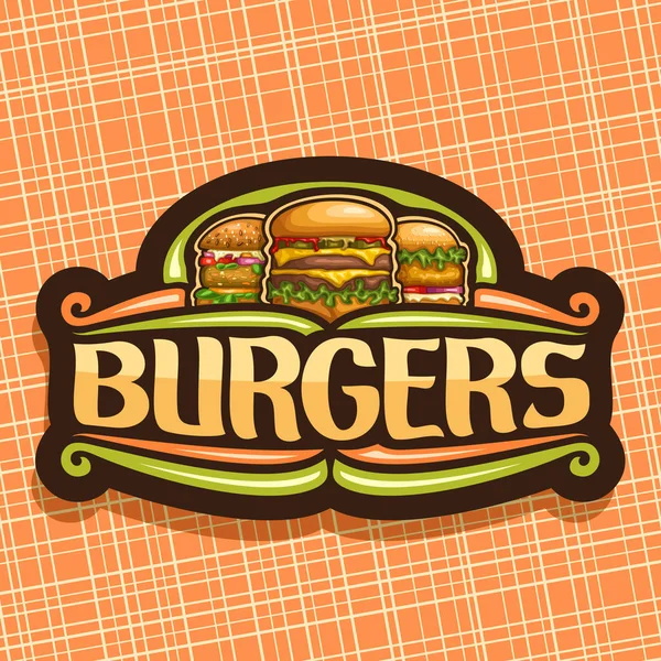 ハンバーガー 大きなチーズバーガー 新鮮な Veggieburger チキン カツレツ 単語ハンバーガーのオリジナル書体 イラスト アメリカのファーストフード カフェのハンバーグと暗い看板のベクトルのロゴ — ストックベクタ