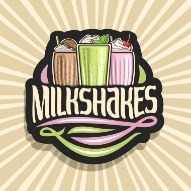Vektör logo Milkshakes için 3 yumuşak hizmet dondurma dekore edilmiş kiraz ve yaprak taze nane, word milkshakes için orijinal yazı, soğuk içecekler gösterimi ile süt kokteyller çeşitli..