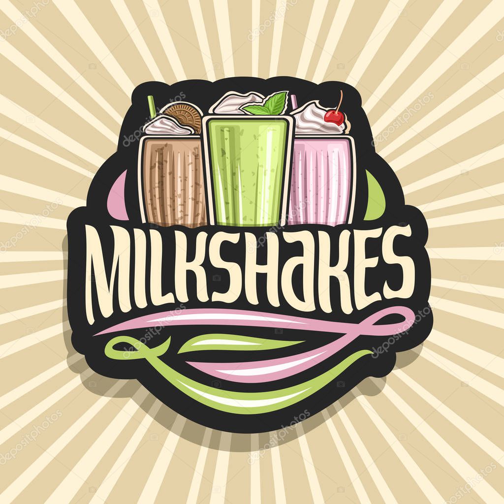 Vector logo for Milkshakes, 3 assorted dairy cocktails with soft serve ice cream decorated cherry and leaves of fresh spearmint, original lettering for word milkshakes, illustration of cold beverages.