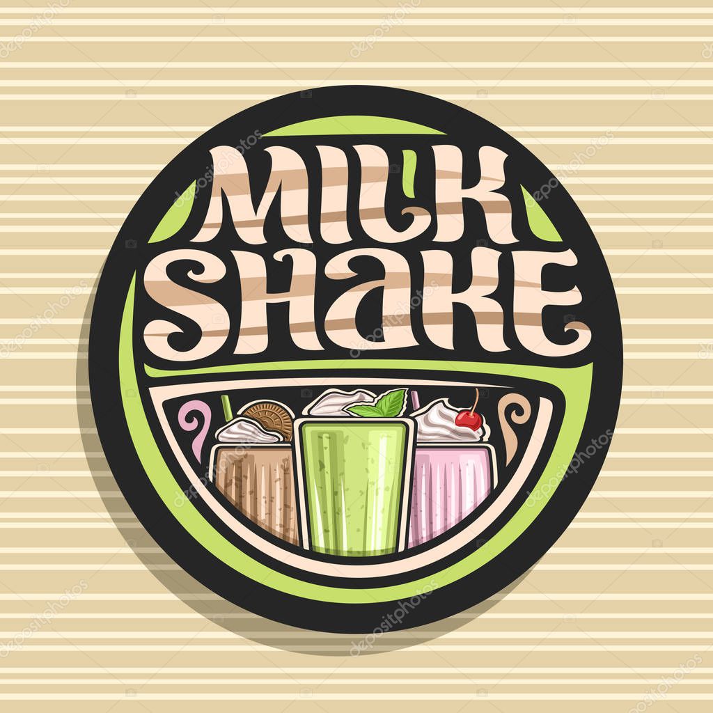 Vector logo for Milk Shake, 3 assorted dairy cocktails with soft serve ice cream decorated cherry and leaves of fresh spearmint, original lettering for words milk shake, illustration of cold beverages