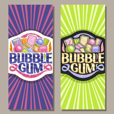 Vektör dikey afiş ciklet, yığını renkli çiğneme bubblegums ve meyve sakızlı şeker, orijinal fırça yazı kelime ciklet, çeşitli çocuk tatlılar canlı illüstrasyon için ilan vardı için
