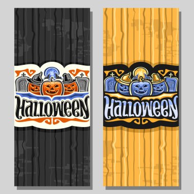 Vektör dikey afiş için Cadılar Bayramı tatil, turuncu ve mavi kabak oyma, mezar taşları, word için orijinal fırça yazı yukarıda ay Cadılar Bayramı, ürkütücü Jack o fener şapka ile tasarım el ilanları.