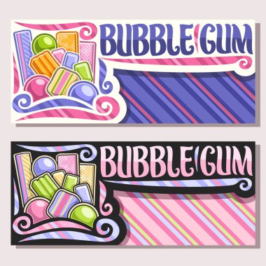 Ciklet için vektör afişler kopya alanı, yığını renkli çiğneme bubblegums ve meyve sakızlı şeker, kelime ciklet, çeşitli çocuk tatlılar canlı illüstrasyon için orijinal fırça yazı ile.