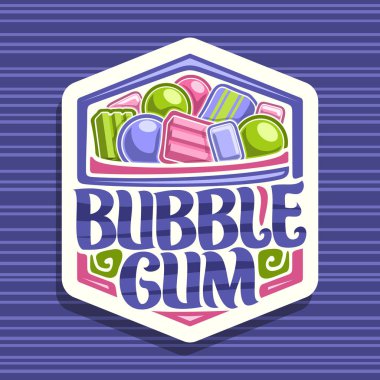 Ciklet, beyaz işareti ile yığını renkli çiğneme bubblegums ve meyve sakızlı şeker, orijinal fırça yazı için kelime ciklet, farklı çocuk tatlılar canlı illüstrasyon vektör logo.