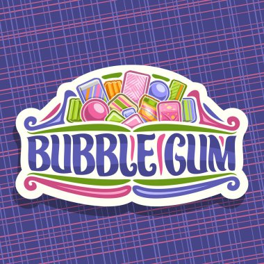 Ciklet, beyaz işareti ile yığını renkli çiğneme bubblegums ve meyve sakızlı şeker, orijinal fırça yazı için kelime ciklet, farklı çocuk tatlılar canlı illüstrasyon vektör logo.