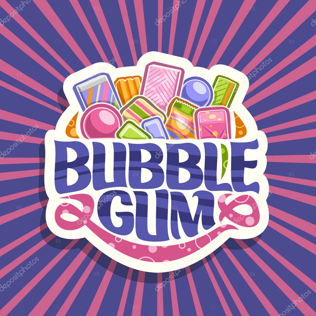 Vector logo for Bubble Gum, white sign with pile of colorful chewing bubblegums and fruit gummy candies, original brush typeface for words bubble gum, vivid illustration of variety kid sweets.