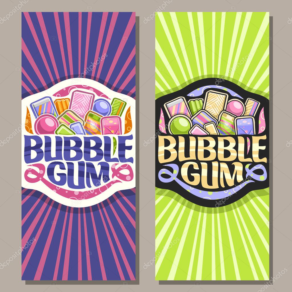 Vector vertical banners for Bubble Gum, flyer with pile of colorful chewing bubblegums and fruit gummy candies, original brush typeface for words bubble gum, vibrant illustration of variety kid sweets