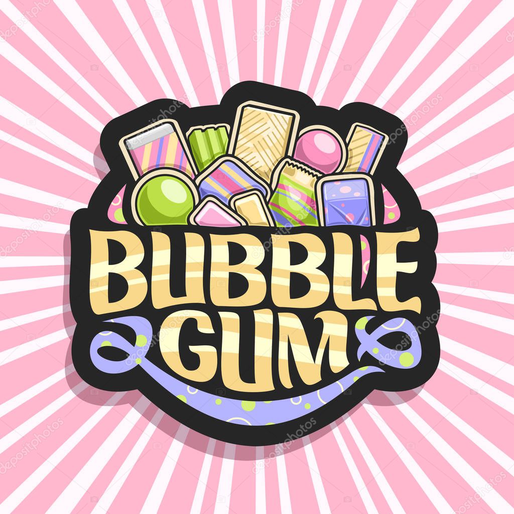 Vector logo for Bubble Gum, dark sign with heap of colorful chewing bubblegums and fruit gummy candies, original brush typeface for words bubble gum, vibrant illustration of variety kid sweets.