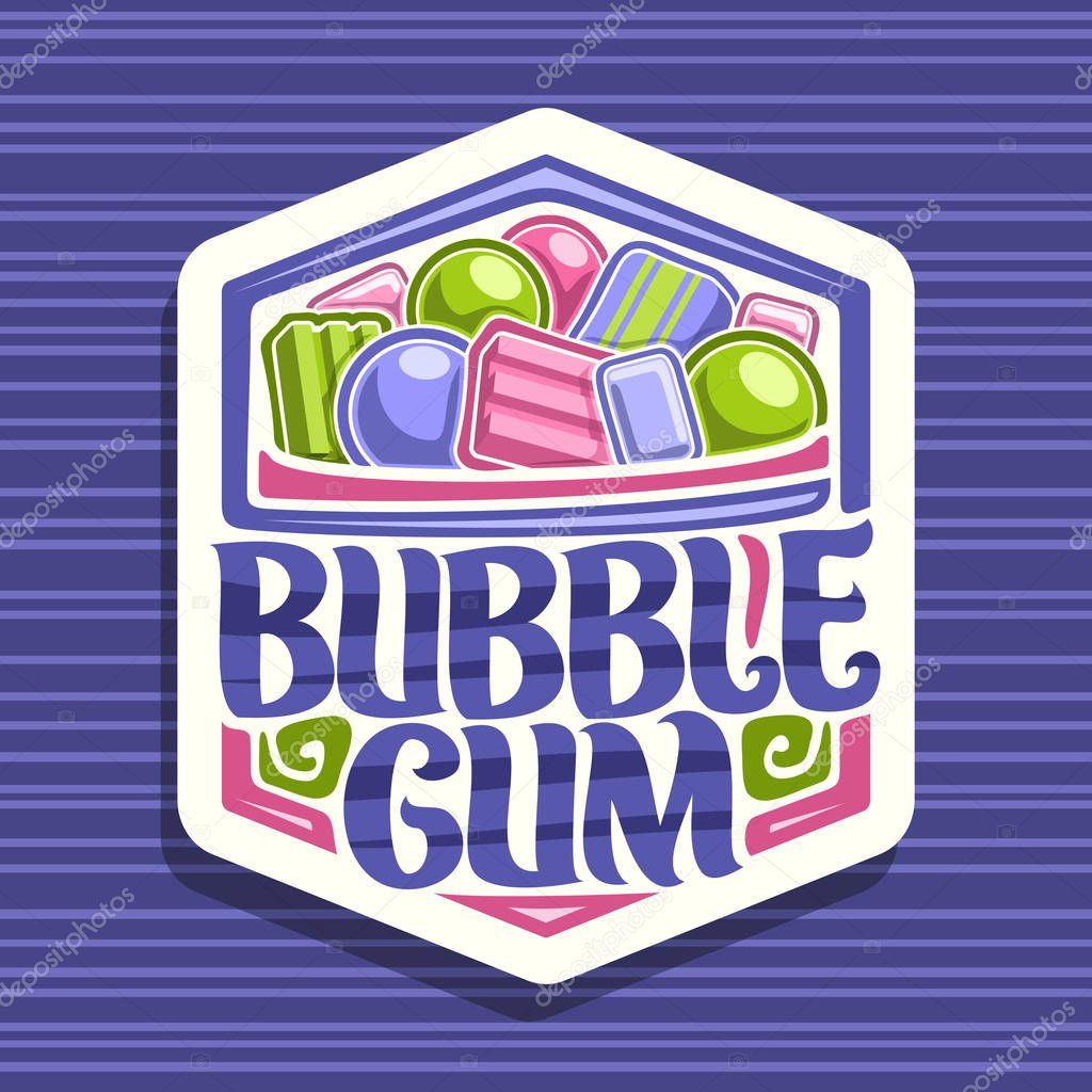 Vector logo for Bubble Gum, white sign with heap of colorful chewing bubblegums and fruit gummy candies, original brush typeface for words bubble gum, vibrant illustration of different kid sweets.