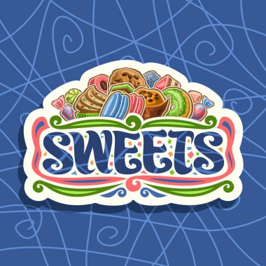 Tatlılar için logo vektör, kağıt işareti karikatür pişmiş gurme ürünler, word tatlılar için orijinal fırça yazı, kaydırılan şekerler ve renkli bonbon, tabela tatlı dükkanı veya pastane yığını ile kesmek.