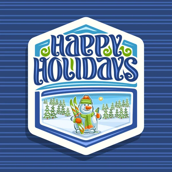 Векторный Логотип Счастливых Праздников Белая Шестиугольная Наклейка Мультяшным Улыбающимся Снеговиком — стоковый вектор