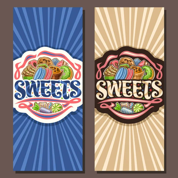 Vector Banners Sweets Leaflets Pile Cartoon Gourmet Baked Goods Original — Stock Vector