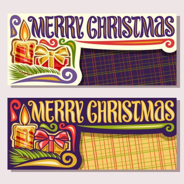 Mutlu Noeller vektör tebrik kartları kopya alanı, vintage broşürler şenlikli yanan muma, hediye kutusu ve çam, dilek için orijinal fırça yazı Şubesi ile neşeli Noel tatil için mesaj.