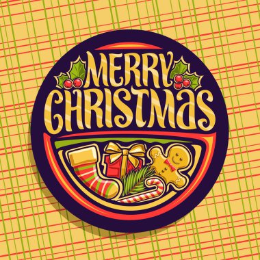 Neşeli Noel tatili için vektör logo, çocuklar çorap, sevimli gingerbread, holly berry, şeker kamışı, hediye kutusu ve dilek için orijinal fırça yazı yaprakları ile karanlık yuvarlak etiket mutlu Noeller mesaj.
