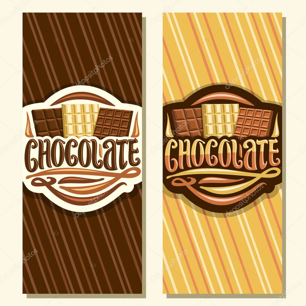 Vector banners for Chocolate, leaflets with choice of 3 different kind of whole premium chocolate bars on striped background, original brush typeface for word chocolate, set of variety cocoa desserts
