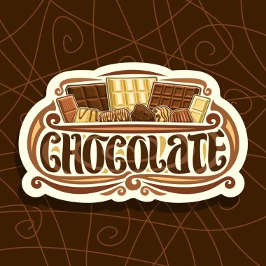 Vektör logo çikolata için seçimi farklı tür tüm sigorta primi çikolata bar ve şekerler yığını ile beyaz retro işaret, kelime çikolata için orijinal fırça yazı, çeşitli kakao davranır kümesi.