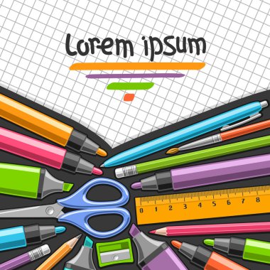 Vektör poster renkli işaretleri ve kopya alanı için Kareli kağıt dokusu canlı dizi ipucu kalemler ve vurgu işaretleri, mavi makas, turuncu cetvel, yeşil kalemtıraş ve kalem silgi ile hissettim