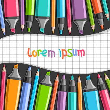 İpucu kalemler ve çeşitli açılan vurgu işaretleri, üst üste ahşap kalem çizim çocuklar için farklı kümesi vektör poster renkli işaretleri ve eğri kopya alanı için Kareli kağıt dokusu hissettim
