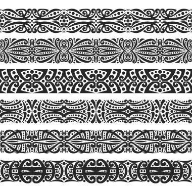 Vektör siyah sorunsuz sınırları ayarlar, 6 dekoratif kurdeleler oryantal tarzı tasarım öğeleri oluştur çerçeveleri, beyaz arka plan üzerinde Arapça süsleme ile süslü teyp süslemeleri için tekrar.