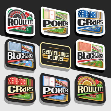 Kumar simgeler, online casino, beyaz ve siyah koleksiyonu için dekoratif logolar kesip 8 vektör kümesi kumar Kumar konulu izole resimler ayarla yazı ile yönlendirmeleri.