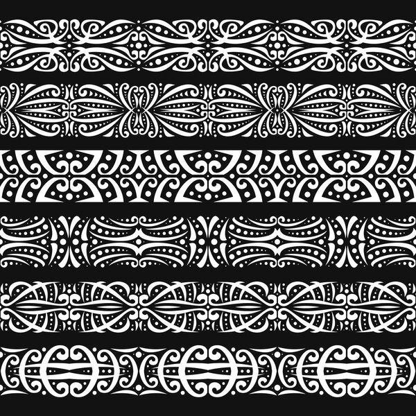 Vector set of white seamless borders, 6 decorative repeat ribbons of oriental style, design elements for create frames, ornate tape decorations with arabic ornament on black background.