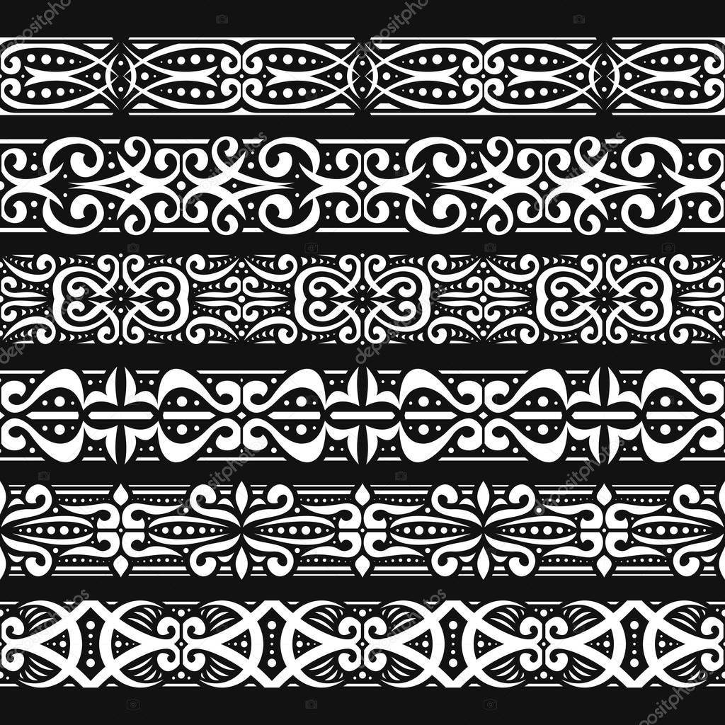 Vector set of white seamless borders, 6 decorative repeat ribbons of oriental style, design elements for create frames, ornate tape decorations with arabic ornament on black background.