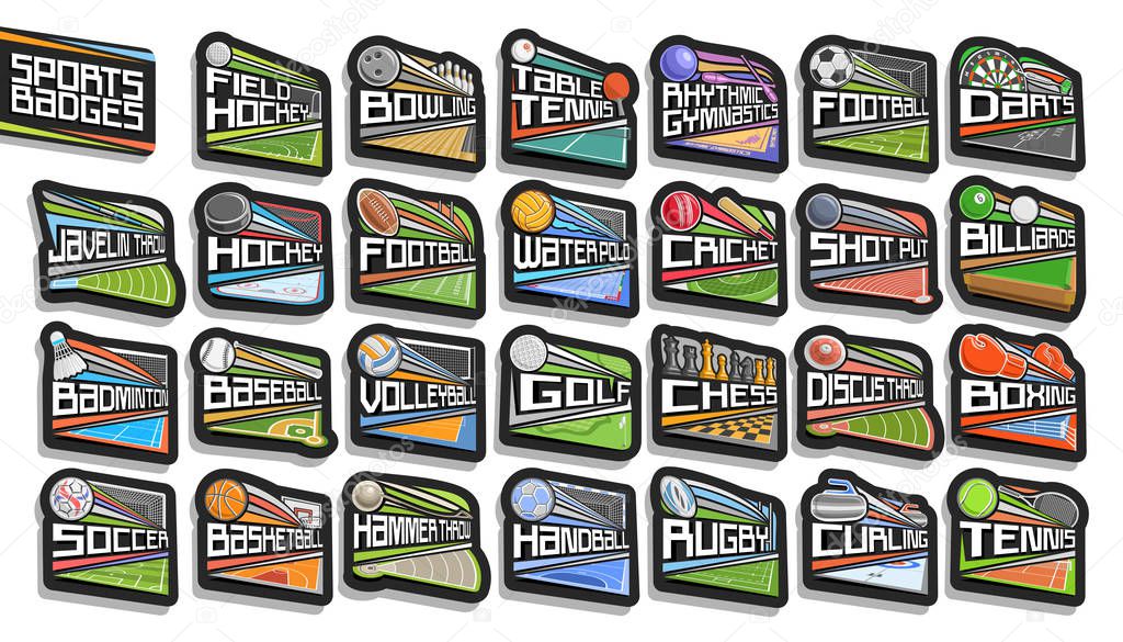 Vector set of Sports Badges, 27 signs of different kind sport games with original lettering, collection of isolated stickers with flying sport balls, athletics stadiums, ice rink and swimming pool.