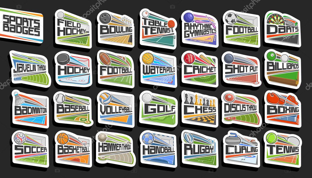 Vector set of Sports Badges, 27 signs of different kind sport games with original lettering, collection of isolated stickers with flying sport balls, athletics stadiums, ice rink and swimming pool.