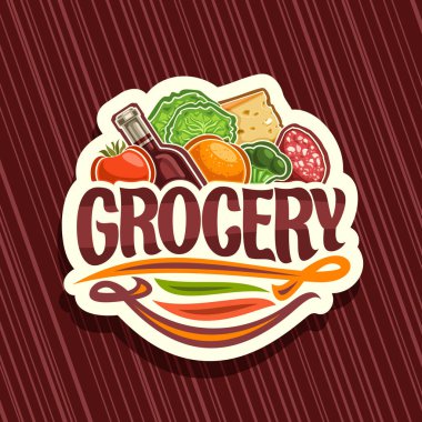 Meyve ve sebze tarım taze çeşitli kelime bakkal, etiket hipermarket çiftçi bölümü için özgün yazı tipi yığını ile bakkal, beyaz dekoratif tabela için vektör logo.