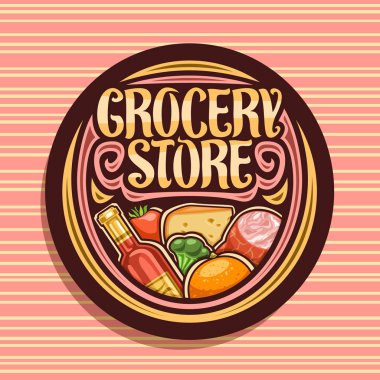 Bakkal için vektör logo, yığın taze çeşitli tarım meyve ve sebze, kelime bakkal için özgün yazı tipi ile karanlık yuvarlak tabela hipermarket bölümünde çiftçi için etiket.