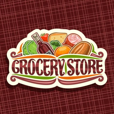 Bakkal için vektör logo, yığın taze çeşitli tarım meyve ve sebze, kelime bakkal için özgün yazı tipi ile beyaz dekoratif tabela hipermarket bölümünde çiftçi için etiket.