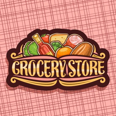 Bakkal için vektör logo, taze çeşitli tarım meyve ve sebze, orijinal fırça yazı için kelime bakkal, yığını ile karanlık retro tabela hipermarket çiftçi bölümü etiketi.