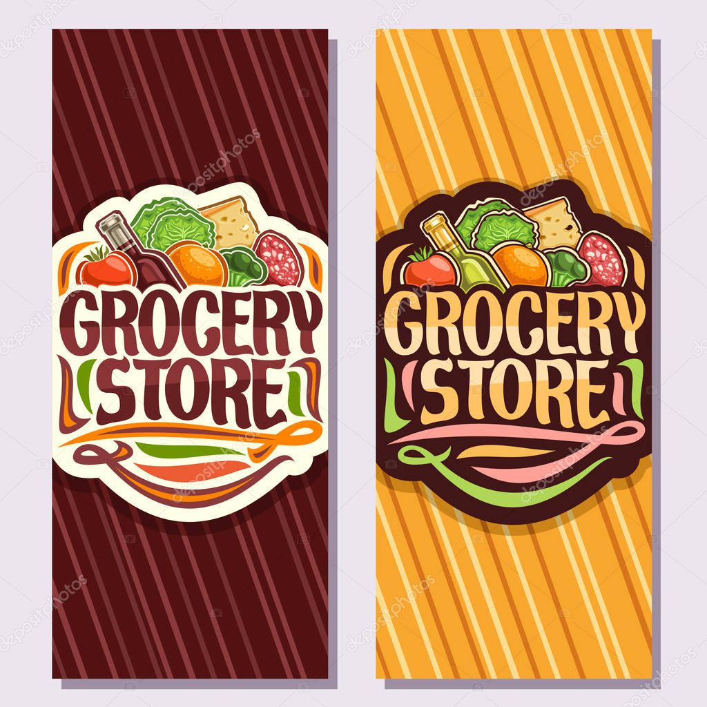 Vector banners for Grocery Store, leaflets with heap of fresh various farming fruits and vegetables, original brush typeface for words grocery store, brochures for farmer department in hypermarket.