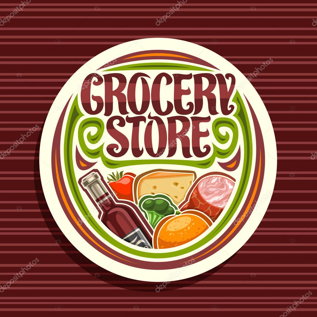 Vector logo for Grocery Store, white round signage with pile of fresh variety farming fruits and vegetables, original typeface for words grocery store, sticker for farmer department in hypermarket.