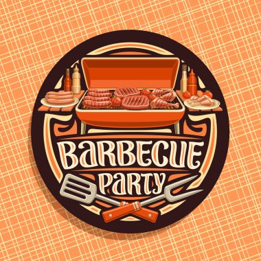Barbekü partisi, kızarmış sosis, taze domates, sulu biftek, tavuk budu ve oyma çatal ile karanlık yuvarlak etiket için vektör logo sözler için orijinal yazı barbekü partisine, Amerikan mutfağı