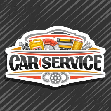 Araba servisi, çeşitli mekanik araba sistemi, farklı otomobil parçaları kümesi ile beyaz tasarım etiket kelimeler araba servisi, otomotiv endüstrisi için çizim ile etiket için yazı için vektör logo.