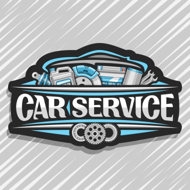 Vektör logo kelime araba servisi, otomotiv endüstrisi için çizim ile etiket için yazı araba servisi, siyah dekoratif etiket kümesiyle çeşitli mekanik araba sistemi, farklı otomobil parçaları için