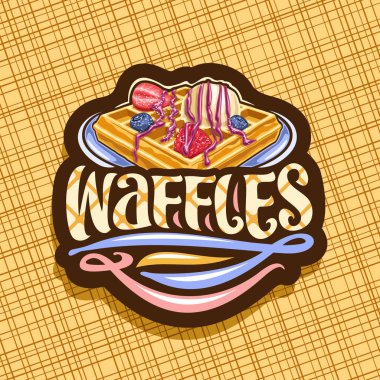 Belçika Waffle, geleneksel kare gözleme, taze meyveler ve dondurma ile karanlık dekoratif etiket için vektör logo, word waffle için orijinal yazı, çizim için Belçika kafe ile tabela.