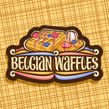 Belçika Waffle, geleneksel kare kek, taze çilek ve kelime Belçika Waffle için yazı dondurma, tabela çizim için Belçika kafe ile karanlık dekoratif tabela için vektör logo.