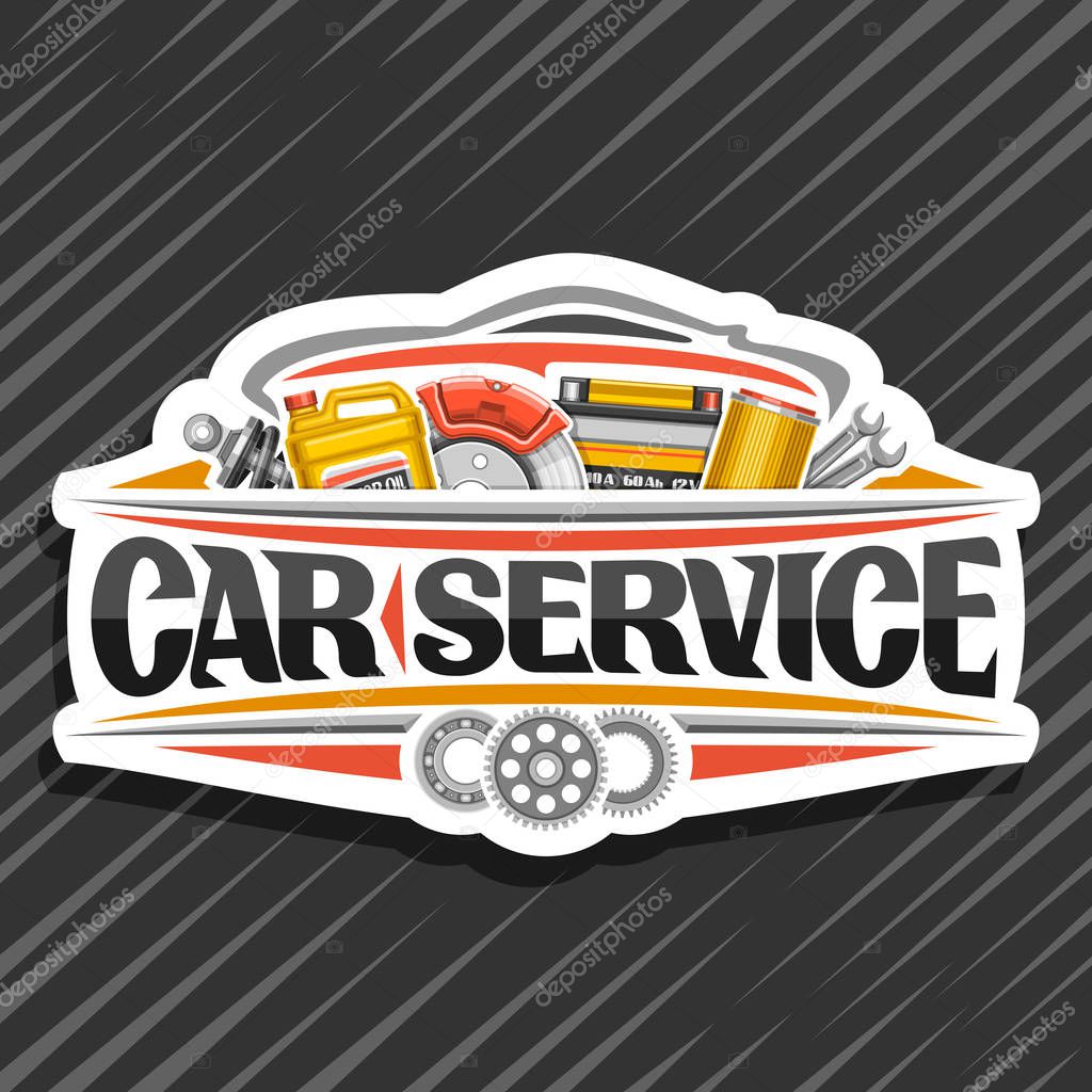 Vector logo for Car Service, white design sticker with set of different auto parts for variety mechanic car system, lettering for words car service, label with illustration for automotive industry.