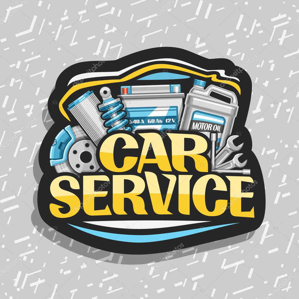 Vector logo for Car Service, black decorative sticker with set of different auto parts for variety mechanic car system, lettering for words car service, label with illustration for automotive industry