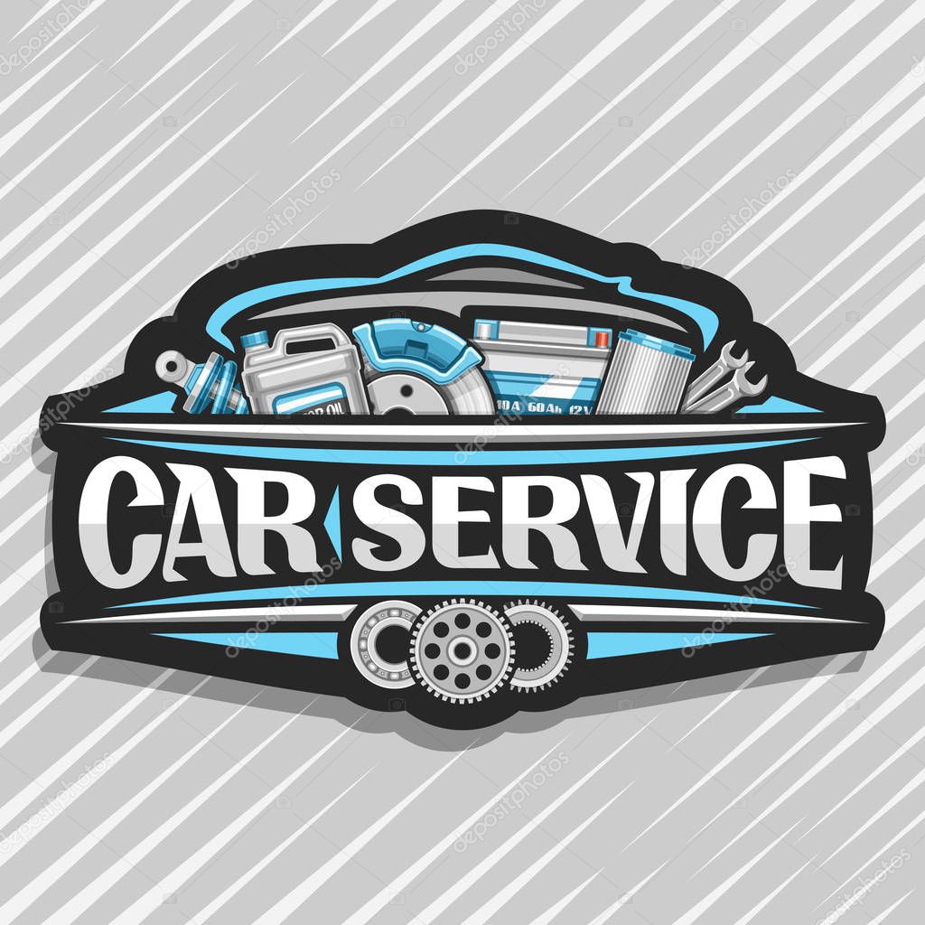 Vector logo for Car Service, black decorative sticker with set of different auto parts for variety mechanic car system, lettering for words car service, label with illustration for automotive industry